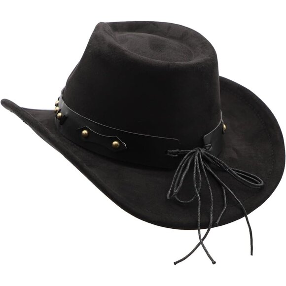 Unisex Black 100% Polyester Western with Bull Skull Buckle Band Felt Cowboy Hat - Picture 4 of 5